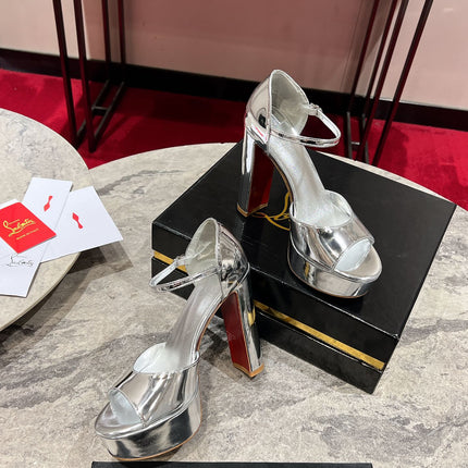 SANDALOO PLATFORM SANDALS 130MM IN SILVER-TONE METALLIC LEATHER