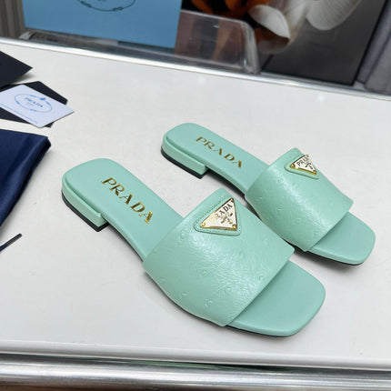 PRA SAFFIANO PATENT SLIDES OSTRICH MOTIF SEAFOAM CALFSKIN