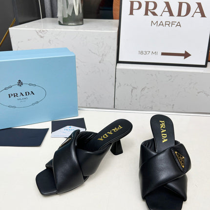 PRA CROSS MULE HEELS IN BLACK CALFSKIN WITH PADDED STRAPS