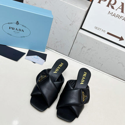 PRA CROSS MULE HEELS IN BLACK CALFSKIN WITH PADDED STRAPS