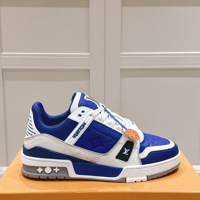 LV TRAINER SNEAKER IN GASTON BLUE GRAINED CALFSKIN
