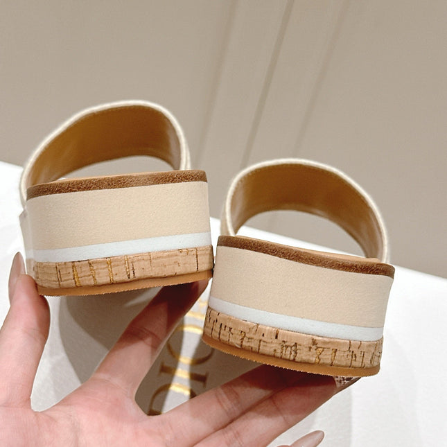 DWAY WEDGE SLIDES 45MM IN BEIGE FABRIC RAFFIA SOLE