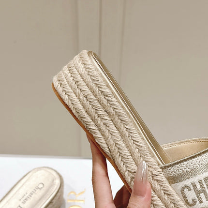 DWAY WEDGE SLIDES 45MM IN WARM GREIGE FABRIC RAFFIA SOLE
