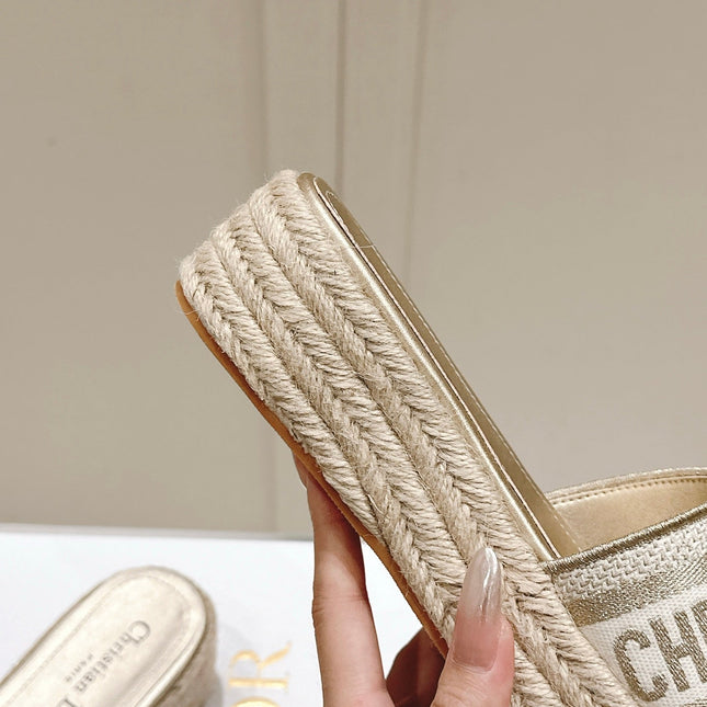 DWAY WEDGE SLIDES 45MM IN WARM GREIGE FABRIC RAFFIA SOLE