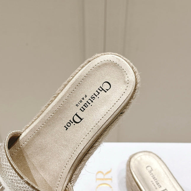 DWAY WEDGE SLIDES 45MM IN WARM GREIGE FABRIC RAFFIA SOLE
