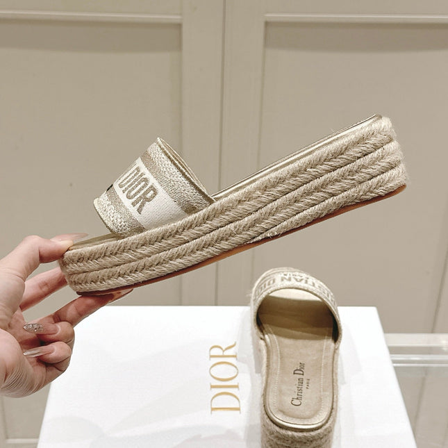 DWAY WEDGE SLIDES 45MM IN WARM GREIGE FABRIC RAFFIA SOLE