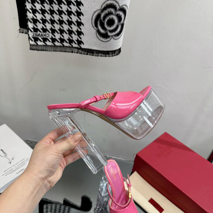 HIGH HEEL SANDAL 14CM IN BRIGHT PINK CALFSKIN AND TRANSPARENT PVC