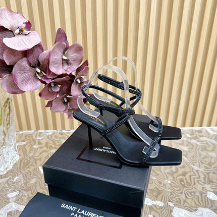 NUIT SANDALS 85 IN BLACK CREPE SATIN AND BLACK RHINESTONES