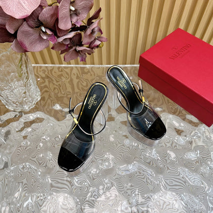 HIGH HEEL SANDAL 14CM IN BLACK CALFSKIN AND TRANSPARENT PVC