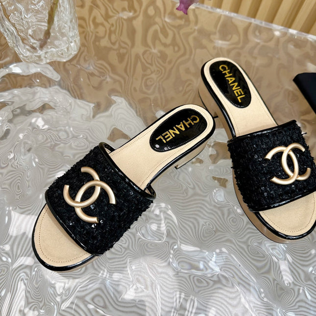 PLATFORM SLIPPERS IN BLACK TWEED AND LAMBSKIN