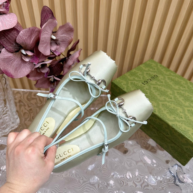 BALLET FLAT IN JADE GREEN SILK WITH SILVER HARDWARE