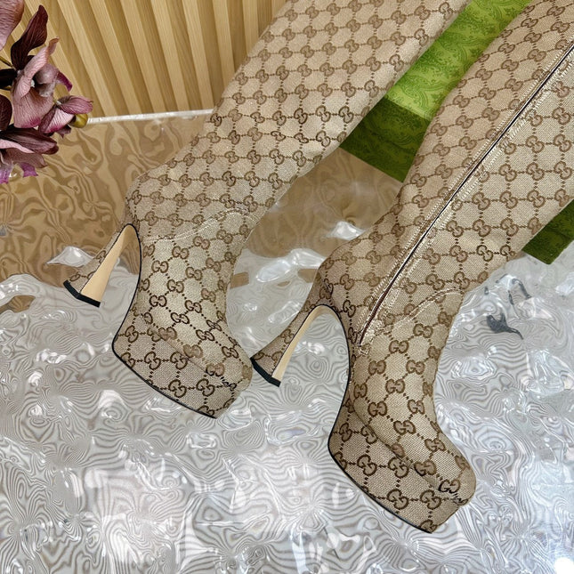 PLATFORM KNEE BOOTS IN ECRU BEIGE MONOGRAM CANVAS AND SHEEPSKIN LINING