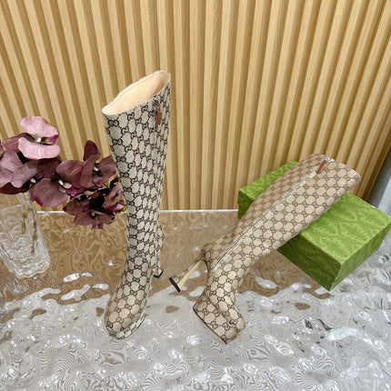 PLATFORM KNEE BOOTS IN ECRU BEIGE MONOGRAM CANVAS AND SHEEPSKIN LINING