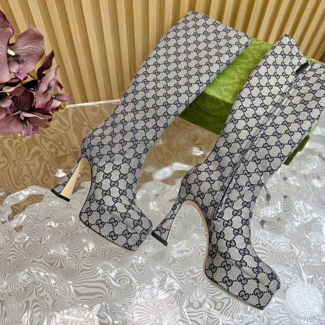 PLATFORM KNEE BOOTS IN LIGHT GRAY MONOGRAM CANVAS AND SHEEPSKIN LINING