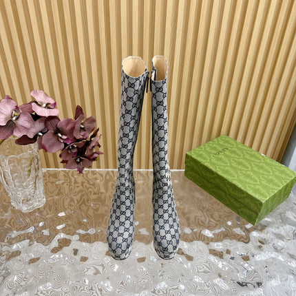 PLATFORM KNEE BOOTS IN LIGHT GRAY MONOGRAM CANVAS AND SHEEPSKIN LINING