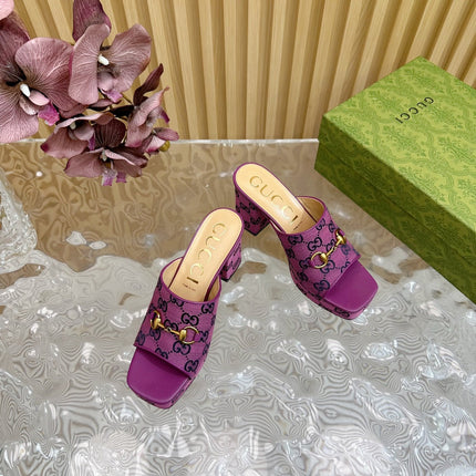 HORSEBIT SLIDE SANDAL IN VIOLET MONOGRAM CANVAS AND SHEEPSKIN LINING