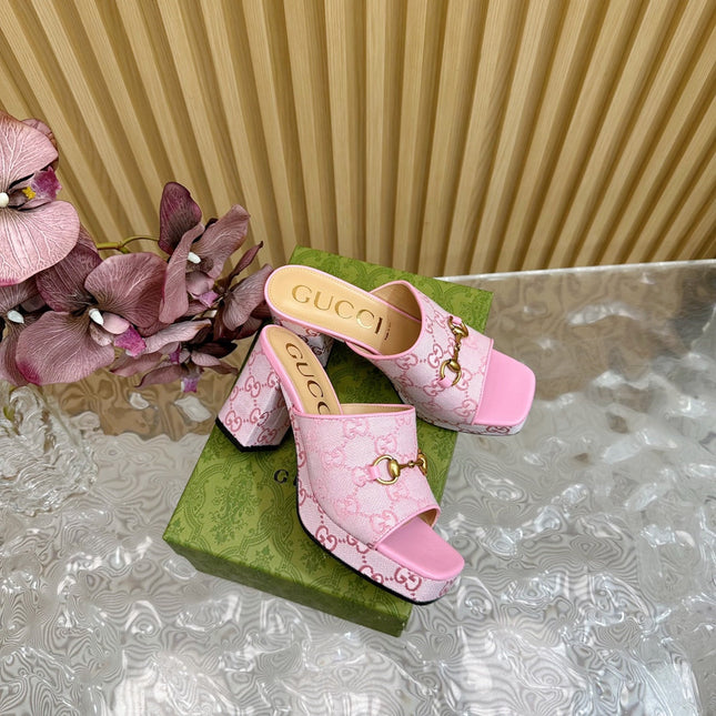 HORSEBIT SLIDE SANDAL IN PINK MONOGRAM CANVAS AND SHEEPSKIN LINING