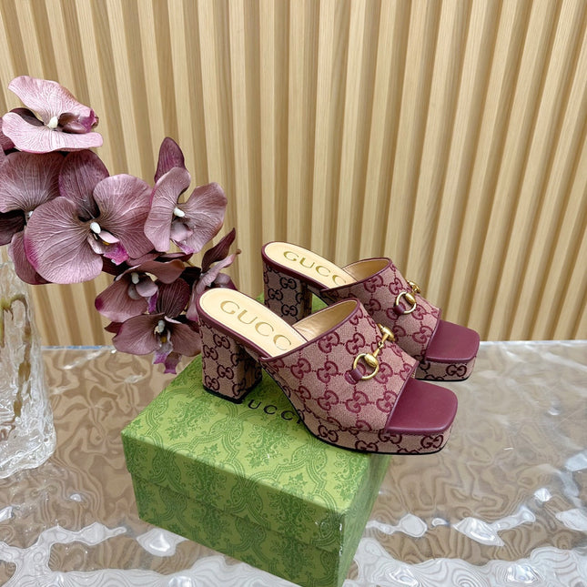 HORSEBIT SLIDE SANDAL IN WINE RED MONOGRAM CANVAS AND SHEEPSKIN LINING