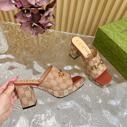 HORSEBIT SLIDE SANDAL IN BRONZE ORANGE MONOGRAM CANVAS AND SHEEPSKIN LINING