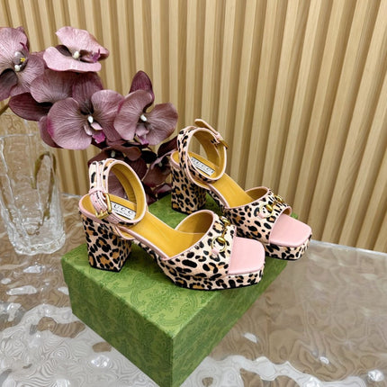 HORSEBIT HIGH-HEEL SANDAL WITH LEOPARD PRINT IN LIGHT PINK VELVET AND CALFSKIN LINING