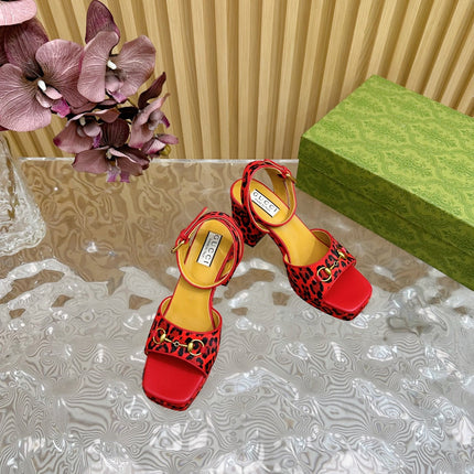 HORSEBIT HIGH-HEEL SANDAL WITH LEOPARD PRINT IN RED VELVET AND CALFSKIN LINING