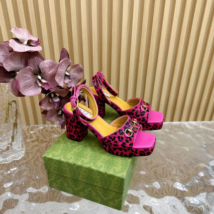 HORSEBIT HIGH-HEEL SANDAL WITH LEOPARD PRINT IN MAGENTA PINK VELVET AND CALFSKIN LINING