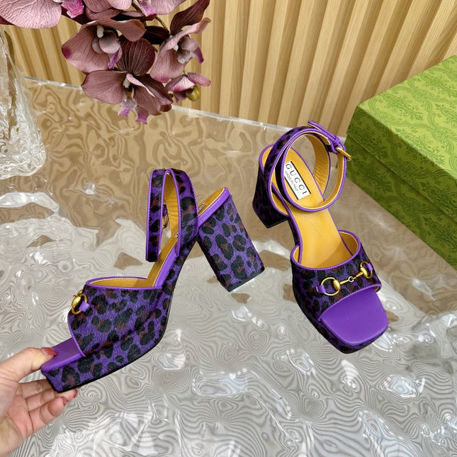 HORSEBIT HIGH-HEEL SANDAL WITH LEOPARD PRINT IN PURPLE VELVET AND CALFSKIN LINING