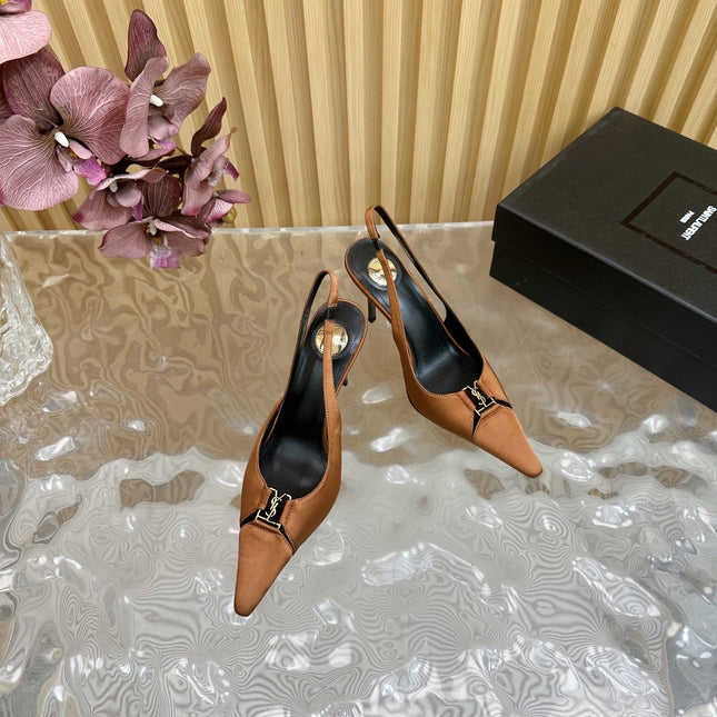 BABYLONE SLINGBACK PUMPS IN RUSTIC ORANGE SILK GOLD LOGO