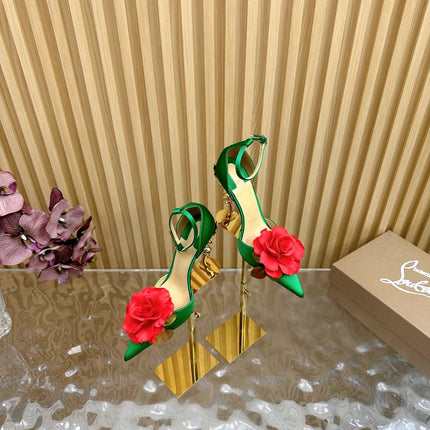 RED BELLAROSE STRAP PUMPS 110MM IN GREEN CREPE SATIN