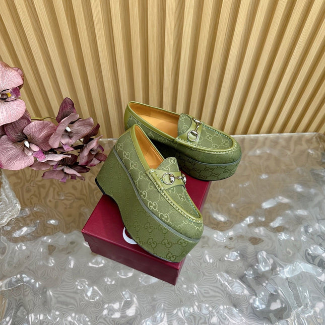 GG HIGH LOAFER IN MOSS GREEN FABRIC WITH EMBOSSED LOGO