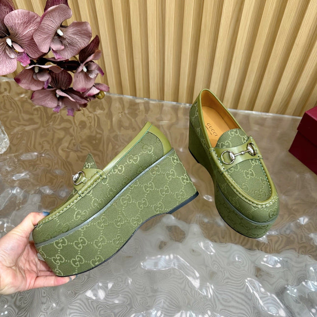 GG HIGH LOAFER IN MOSS GREEN FABRIC WITH EMBOSSED LOGO