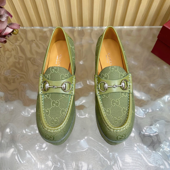 GG HIGH LOAFER IN MOSS GREEN FABRIC WITH EMBOSSED LOGO