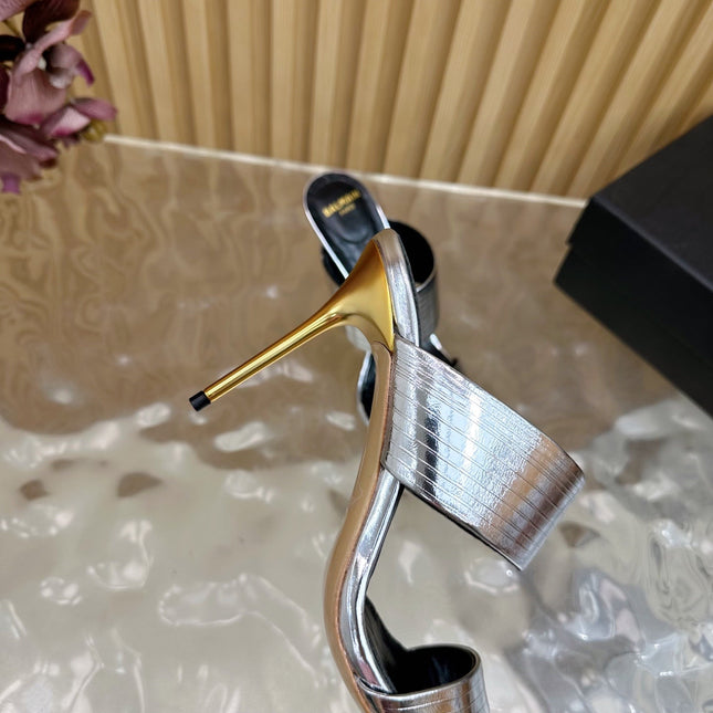 BALMAIN 25S MULES IN STRIPED LEATHER 95MM IN SILVER CALFSKIN
