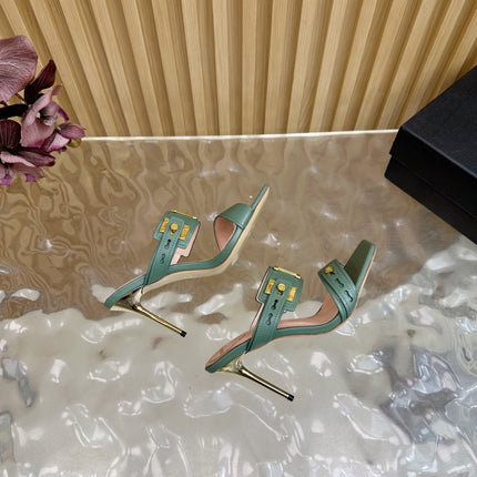 BALMAIN 25S MULES IN STRIPED LEATHER 95MM IN DUSTY GREEN CALFSKIN GOLD HARDWARE