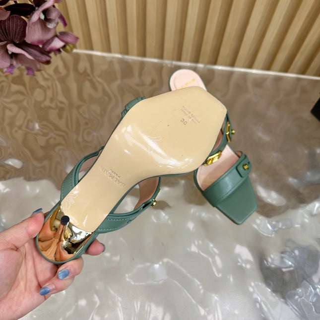 BALMAIN 25S MULES IN STRIPED LEATHER 95MM IN DUSTY GREEN CALFSKIN GOLD HARDWARE