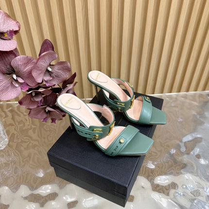BALMAIN 25S MULES IN STRIPED LEATHER 95MM IN DUSTY GREEN CALFSKIN GOLD HARDWARE