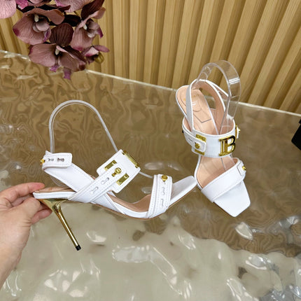 BALMAIN 25S RHINESTONE STILETTO SANDALS 95MM IN WHITE CALFSKIN