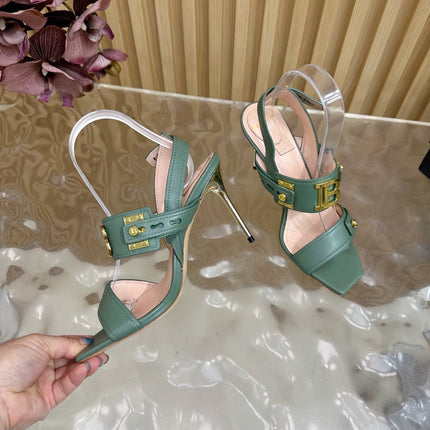 BALMAIN 25S RHINESTONE STILETTO SANDALS 95MM IN DUSTY GREEN CALFSKIN