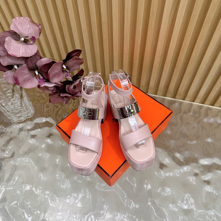 HM 25S CLASSIC WEDGE SANDALS 70 MM IN LIGHT PINK LAMBSKIN WITH SILVER HARDWARE