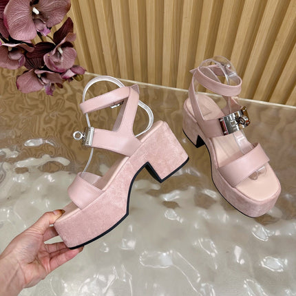 HM 25S CLASSIC WEDGE SANDALS 70 MM IN LIGHT PINK LAMBSKIN WITH SILVER HARDWARE