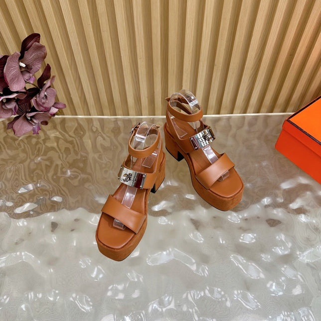 HM 25S CLASSIC WEDGE SANDALS 70 MM IN BROWN LAMBSKIN WITH SILVER HARDWARE