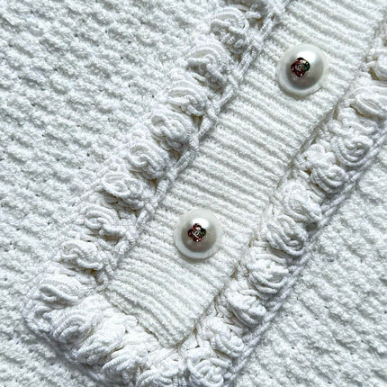 Chanel 25P Long-Sleeve Top White Tweed Pearl Buttons 237299