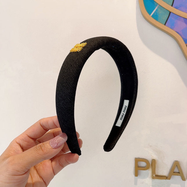 THICK HEADBAND IN BLACK DENIM GOLD LOGO 425463