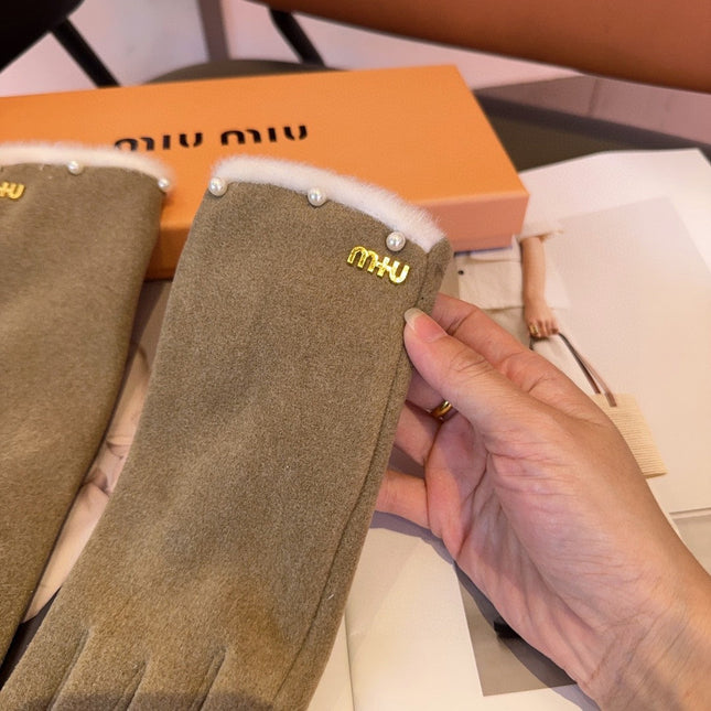 GLOVES IN KHAKI BEIGE WOOL MIX RABBIT FUR 458604