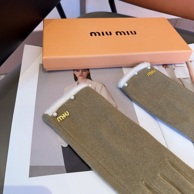 GLOVES IN KHAKI BEIGE WOOL MIX RABBIT FUR 458604