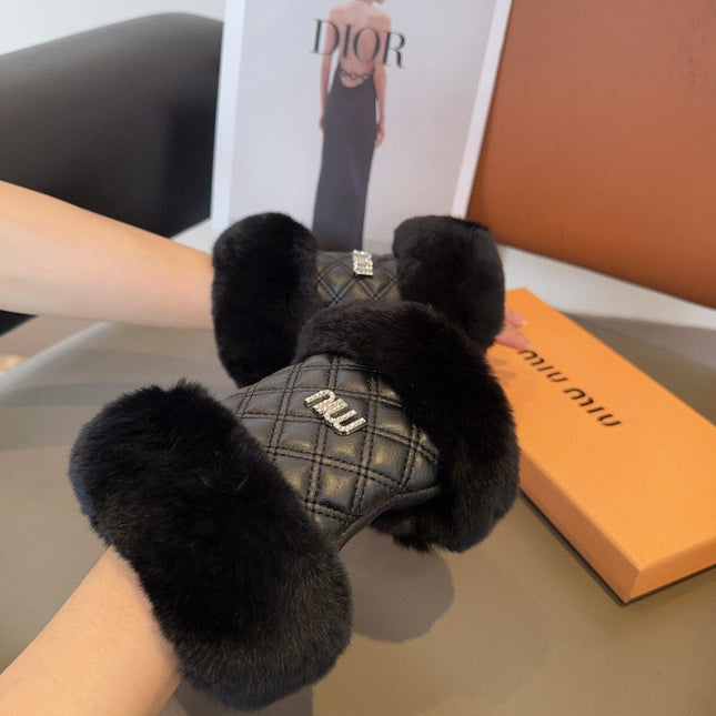 FINGERLESS GLOVES IN BLACK RABBIT FUR AND LAMBSKIN 463912