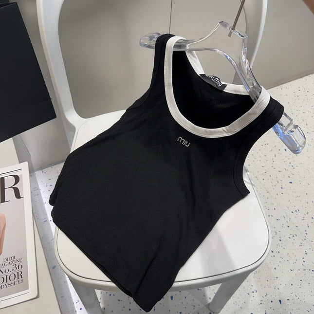 TANK TOP 615176 IN BLACK COTTON RIBBED WHITE TRIM