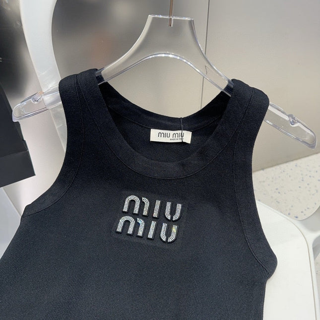 VISCOSE TANK TOP 643230 IN BLACK RIBBED KNIT WITH EMBELLISHED LOGO