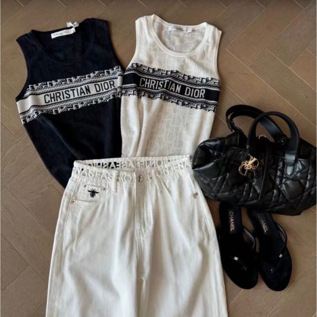 SLEEVELESS TOP 643221 IN BLACK COTTON WHITE LOGO