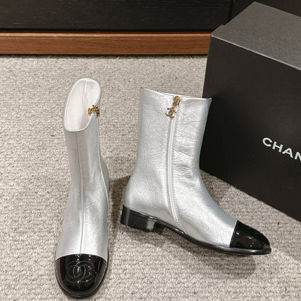 CC SHORT BOOTS IN SILVER MIX BLACK LAMBSKIN